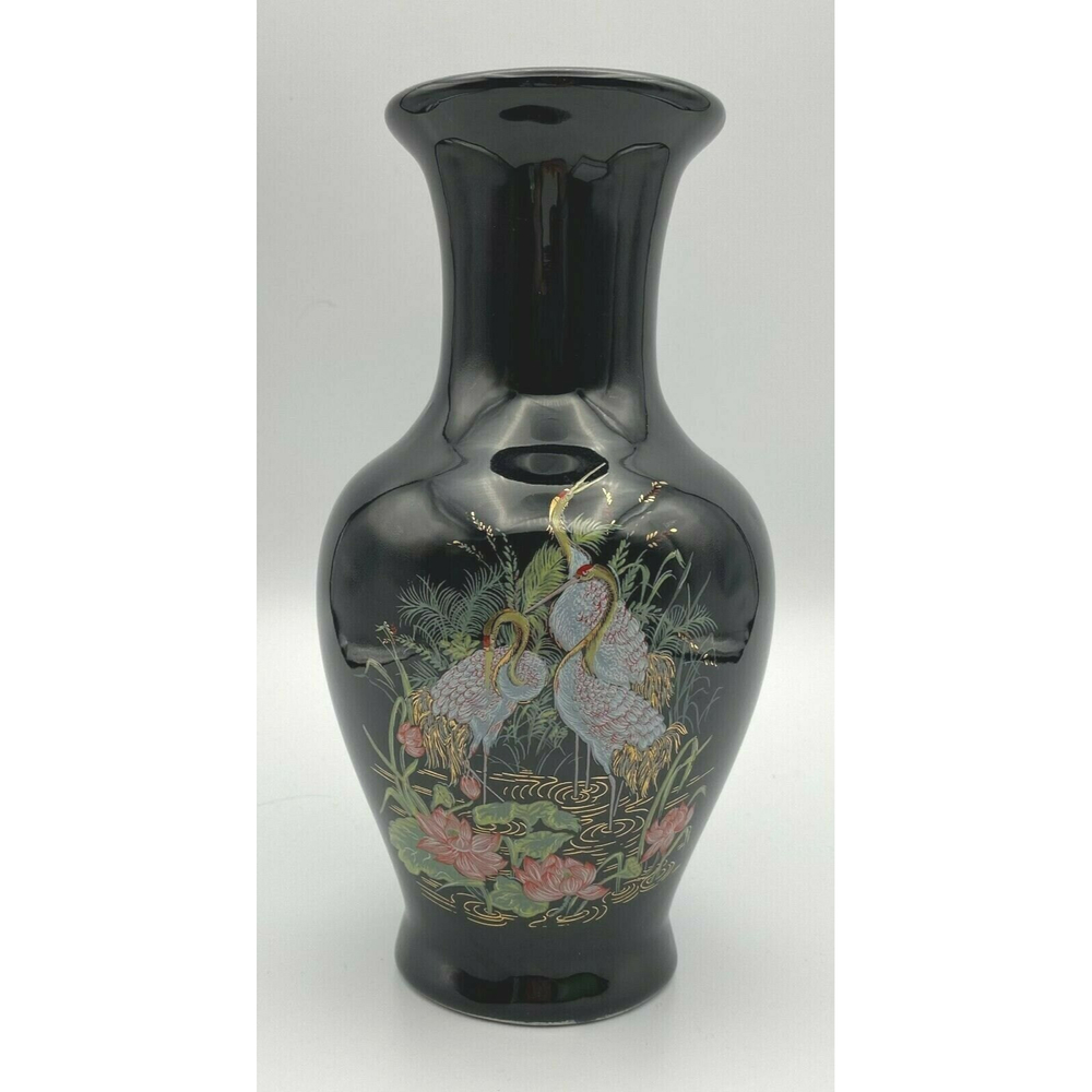 Vintage Japanese Cranes Floral Gold Accent Black Porcelain Vase 8" PRETTY